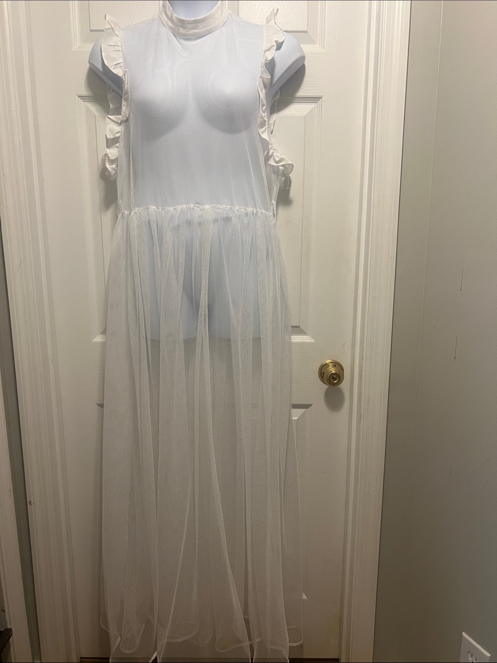 Sheer Ruffle-Shoulder White Mesh Gown